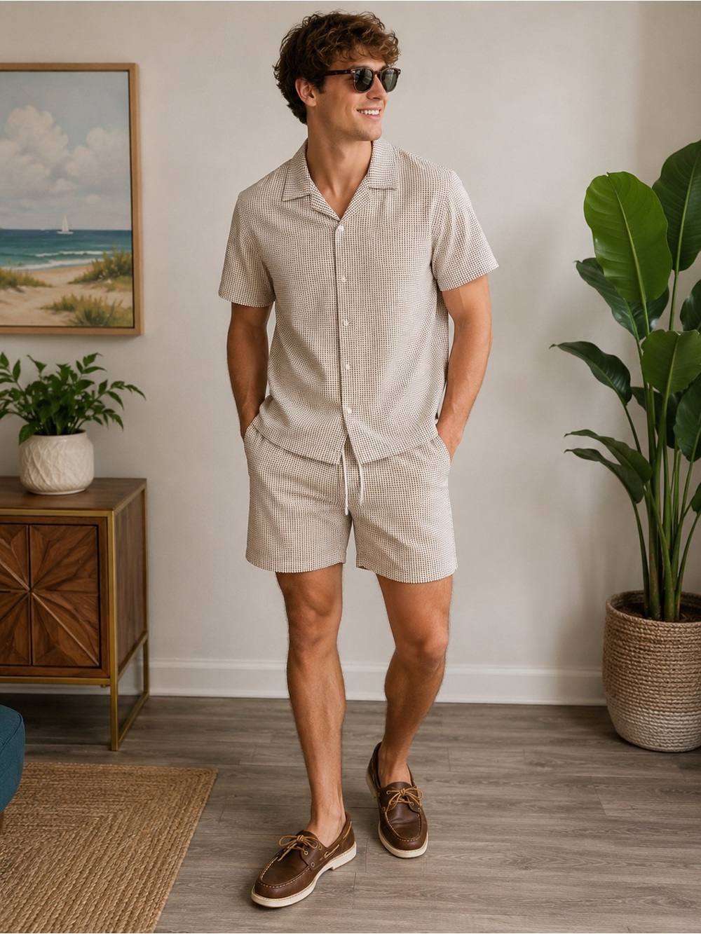 SHEIN Men’s Polyester Matching Lounge Set – Beige Two-Piece